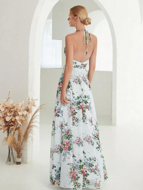 Elegant Flower Print Chiffon Dress for Women - Sexy Halter V Neck Backless Long Summer Fashion Party Dress